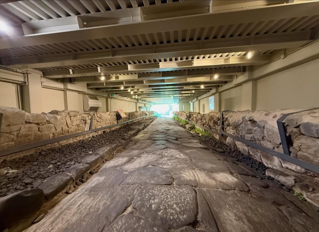 Ancient Roman paved road preserved at Frattocchie